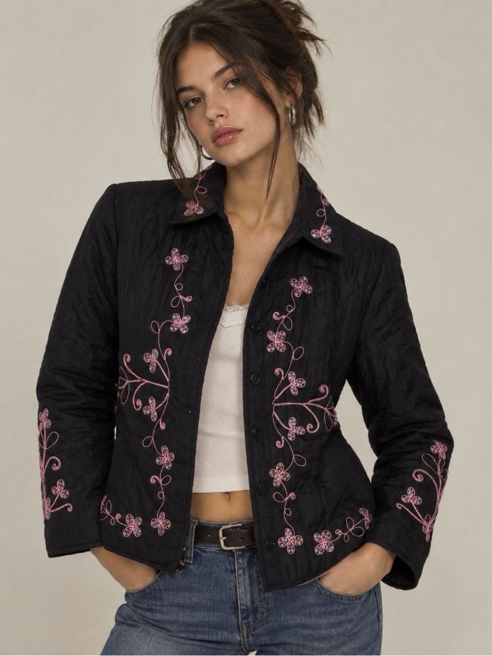 VTG Y2K Quilted Jacket Silk Black Pink Embroidered Sequins Whimsigoth Coquette M